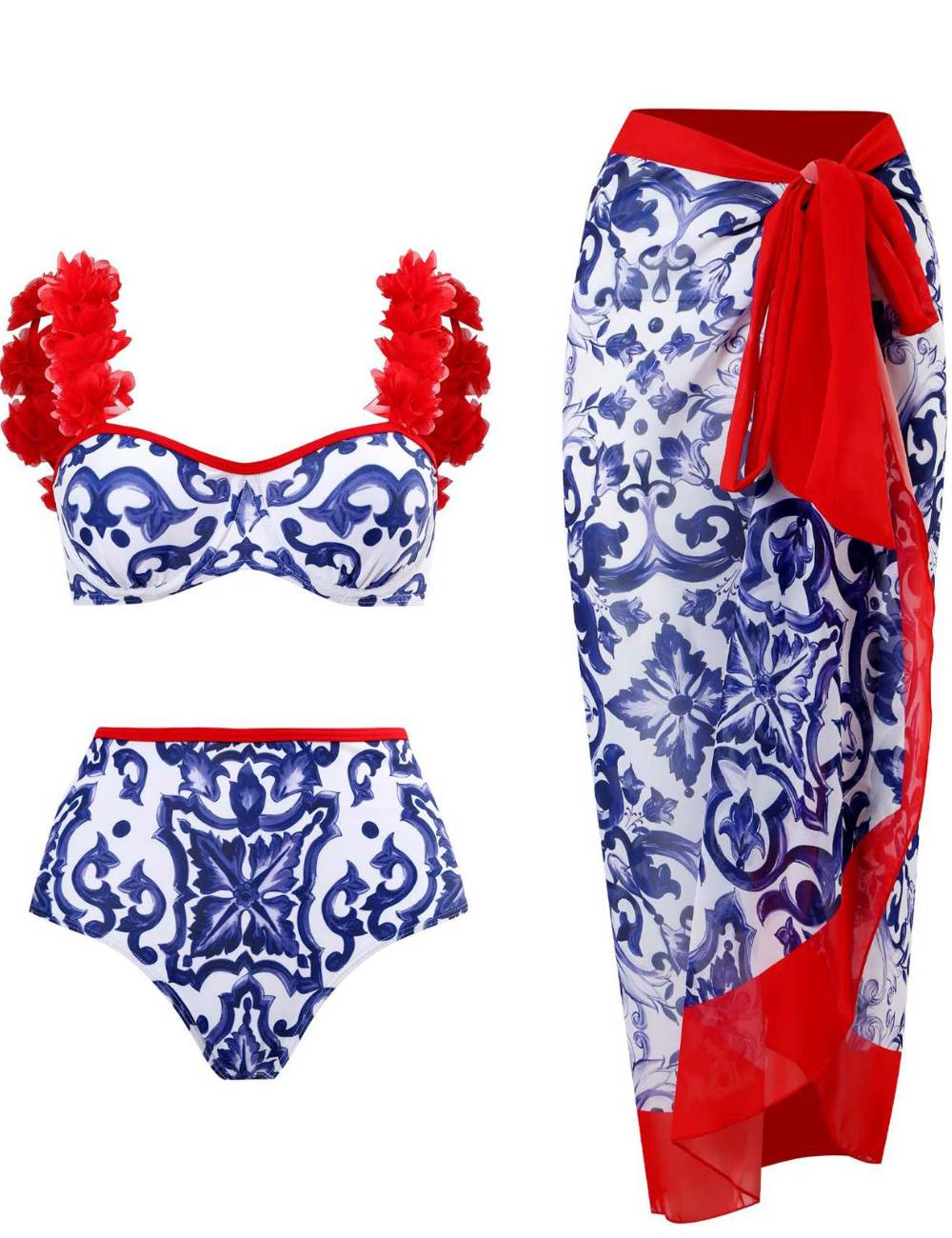 Faux Flower Shoulder Bikini Set with Salong SKSW40119