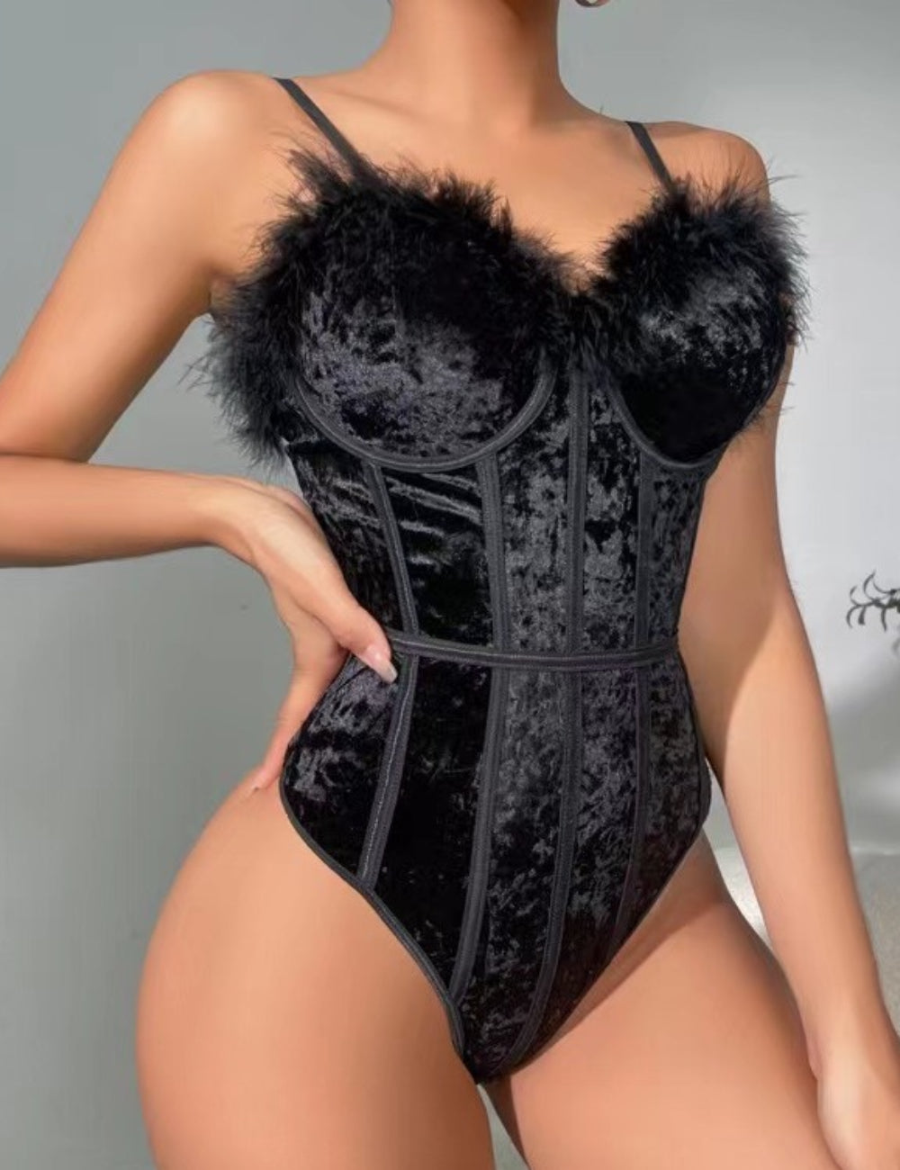 Ladies Feather Neck Velvet Lingerie Teddy SKLG4121