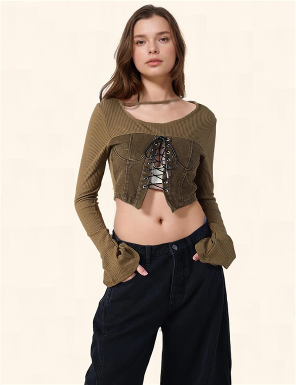 Ladies Tie Up Hollow Out Crop Top SKT0733