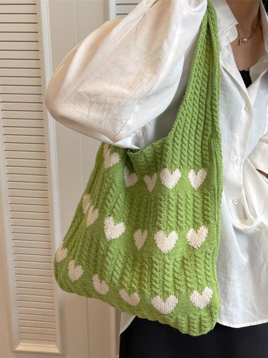 Ladies Knit Heart Shpaed One Shoulder Tote Bag SKAB4109