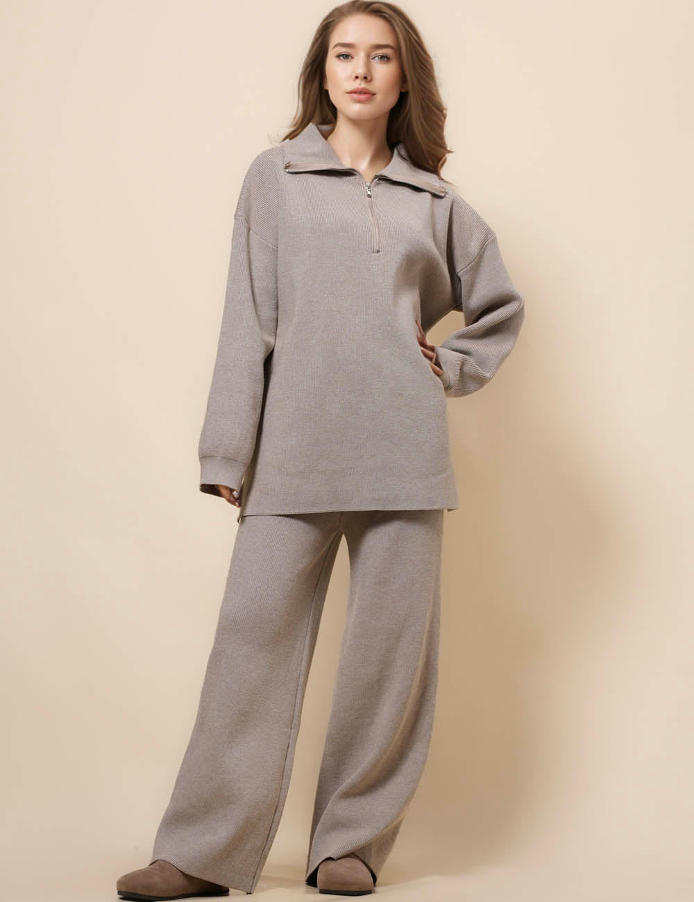 Ladies Zipper Neck Pullover Sweater Pants Set SKST4838