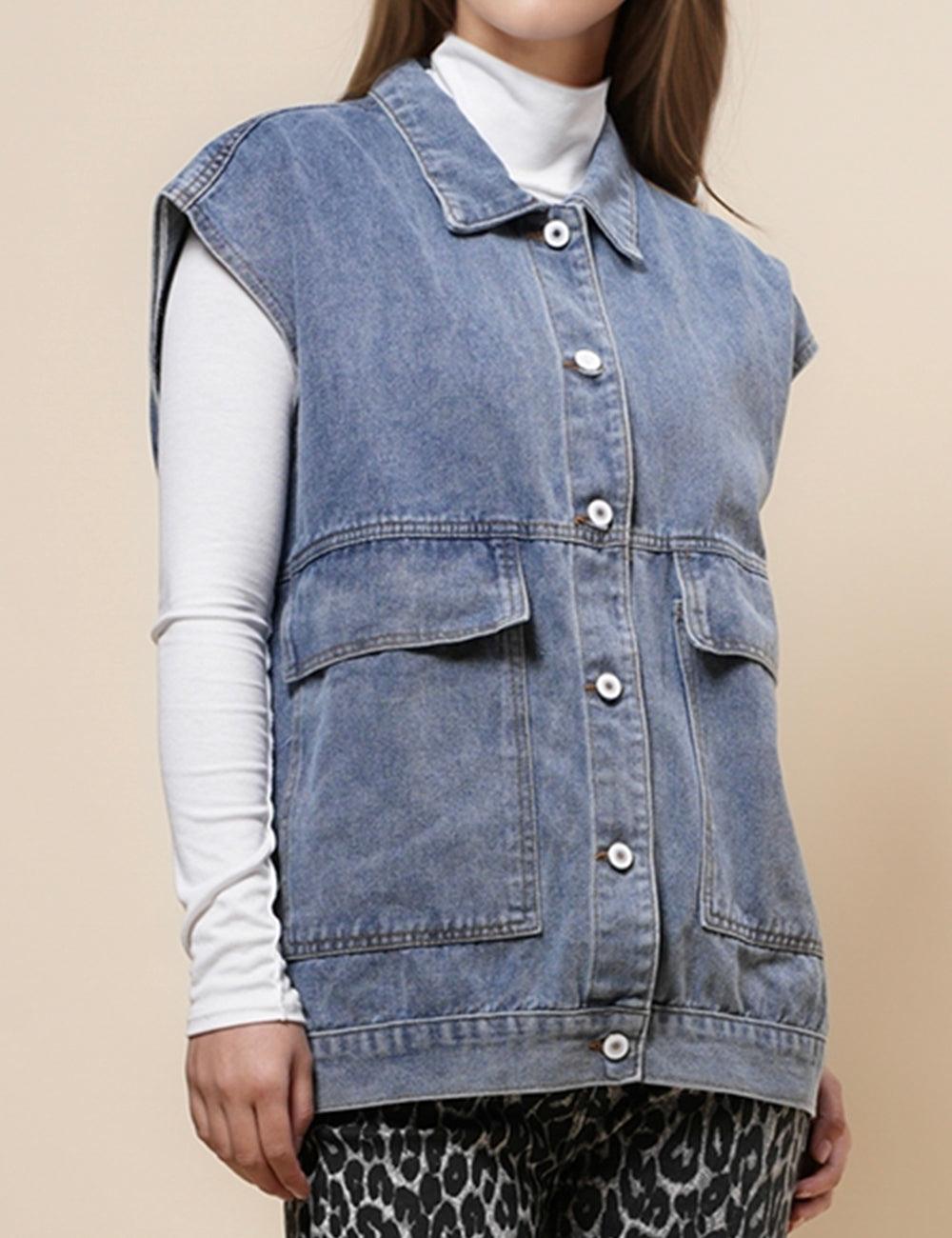 Ladies Turndown Collar Sleeveless Denim Vest SKT4957