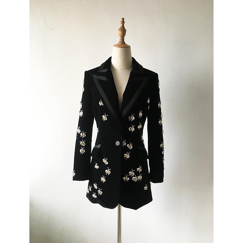 Ladies Black Rhinestone Butterfly Velvet Blazer OMYZ2