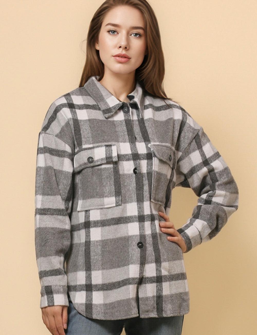 Ladies Flano Plaid Turndown Collar Jacket SKT4795