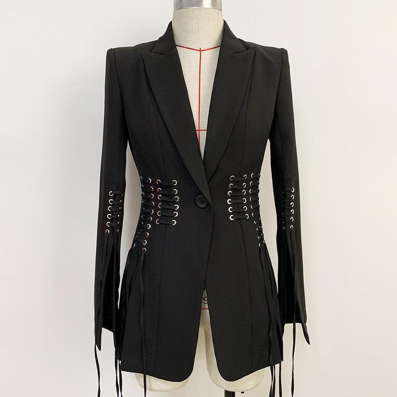 Ladies Lace-Up Design Black Blazer Coat Q2081