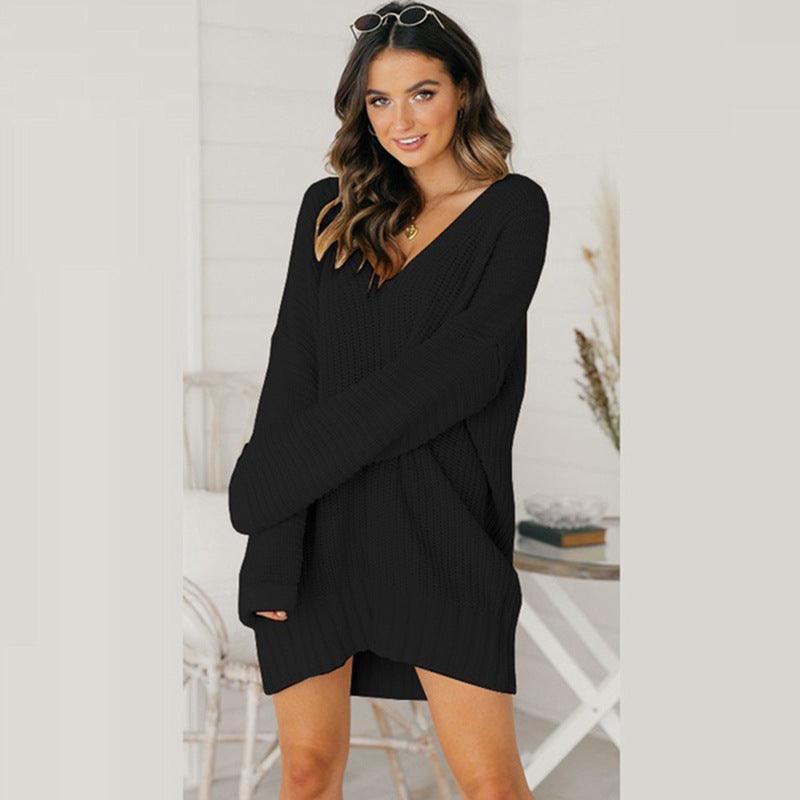 Ladies Solid Color Drop Shoulder Sweater Dress 0387