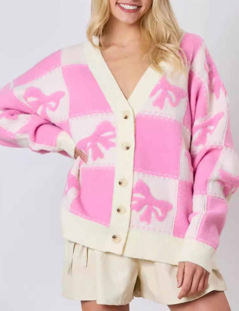 Ladies Bow Print Open Front Sweater Cardigan YM170