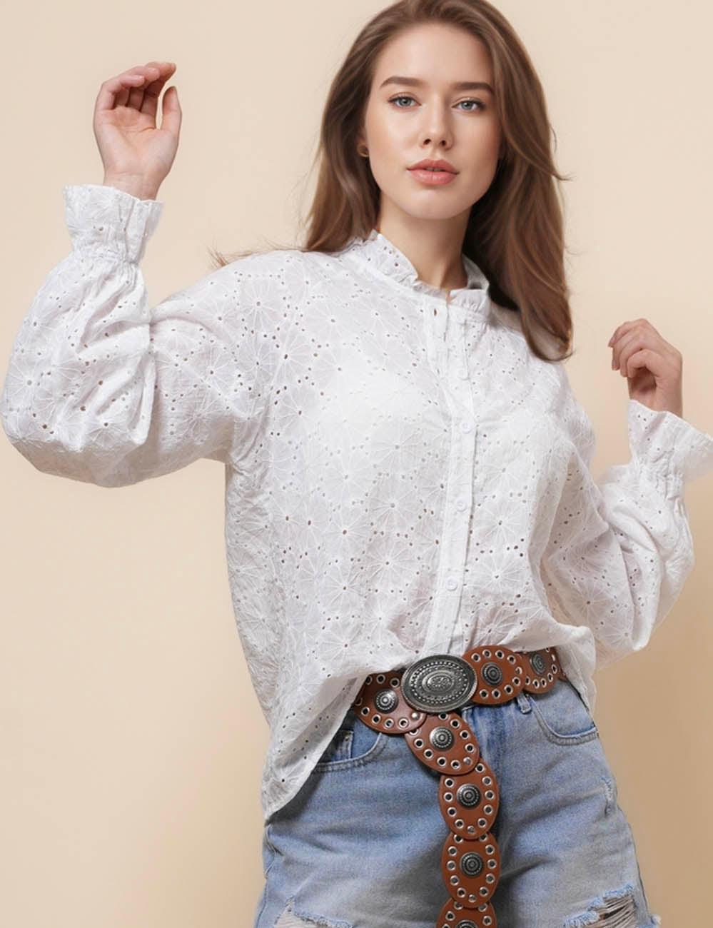 Ladies Eyelet Solid Color Botton Shirt SKT41150