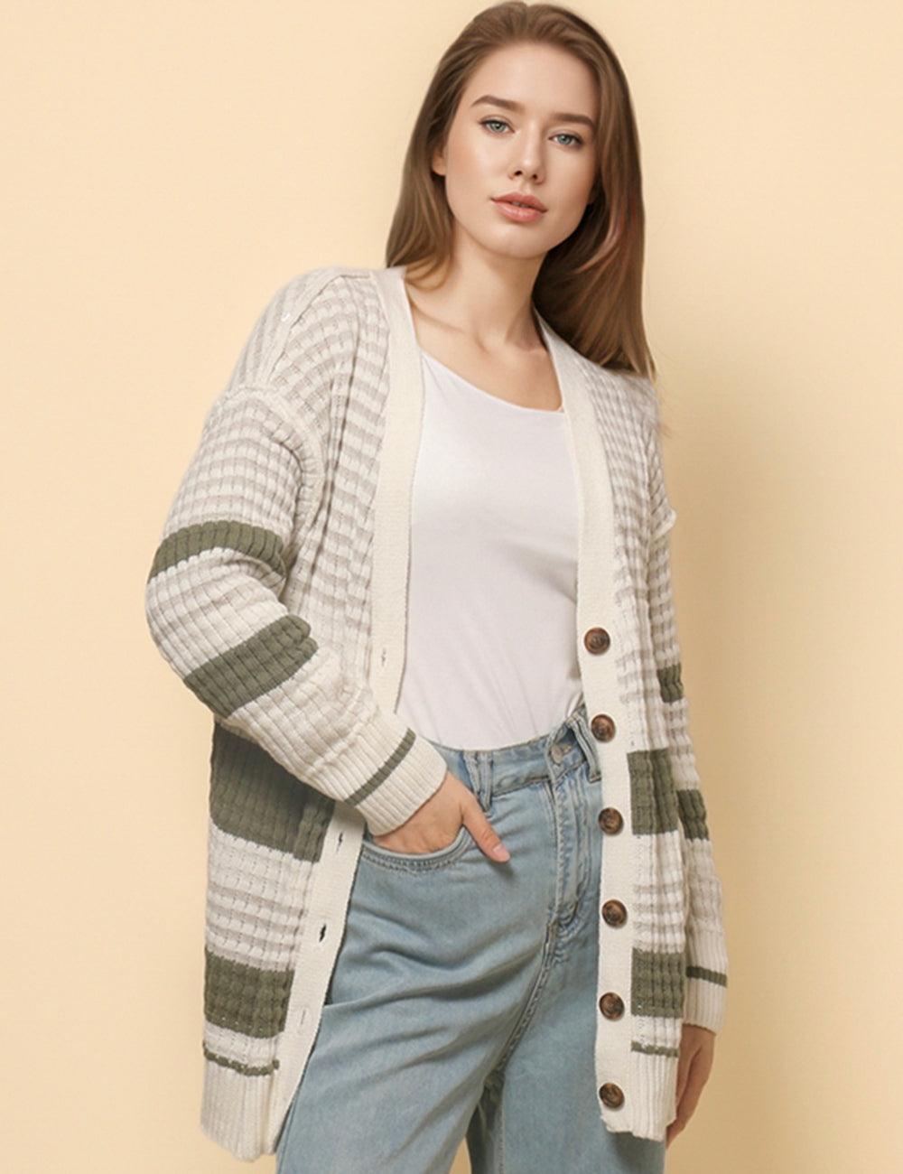 Ladies V-Neck Drop Shoulder Slouchy Cardigan SKT4765