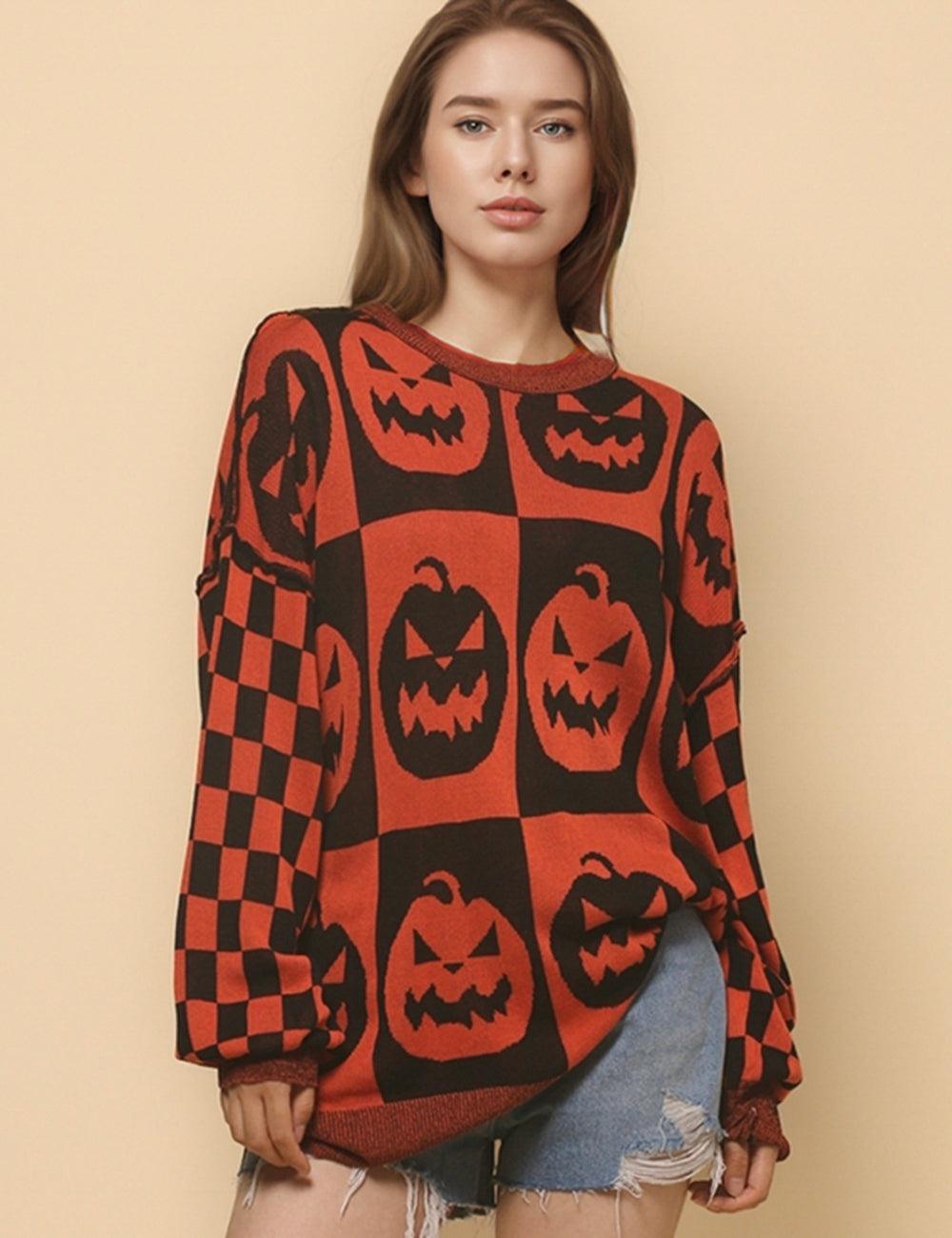 Ladies Halloween Color Block Ghost Pullover Sweater SKT4779