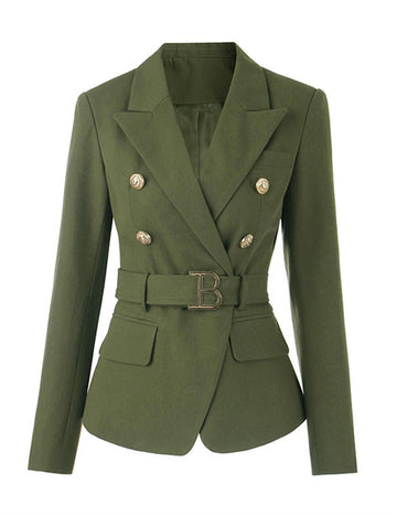 Ladies Solid Color Double Breasted Belted Blazer 0104