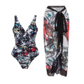 2 PCS Graffiti Flower Print One Piece Swimwear with Cover Up Y107 - SWEETKAMA