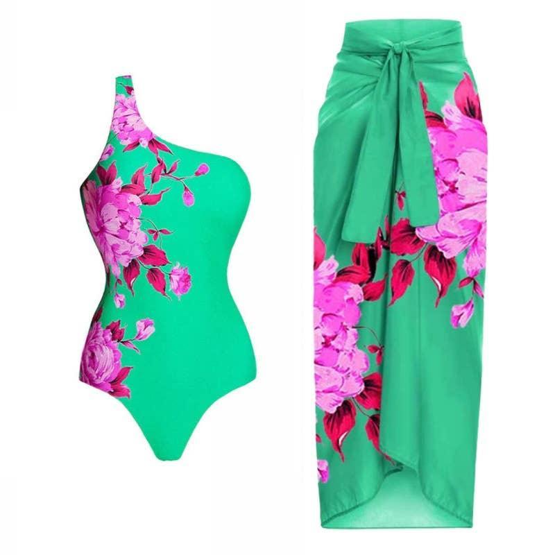 2 Piece Floral Print One Piece Swimwear with Cover Up Y20 - SWEETKAMA