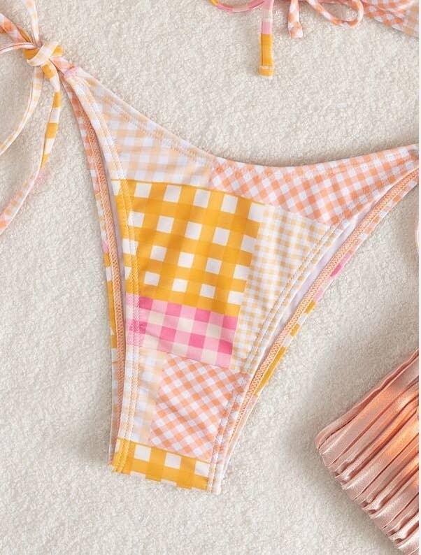 2 Piece Lattice Print String Tie Swimsuit Bikini Set 05 - SWEETKAMA