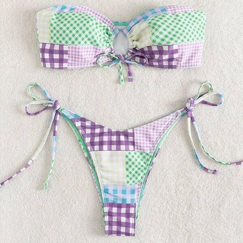 2 Piece Lattice Print String Tie Swimsuit Bikini Set 05 - SWEETKAMA