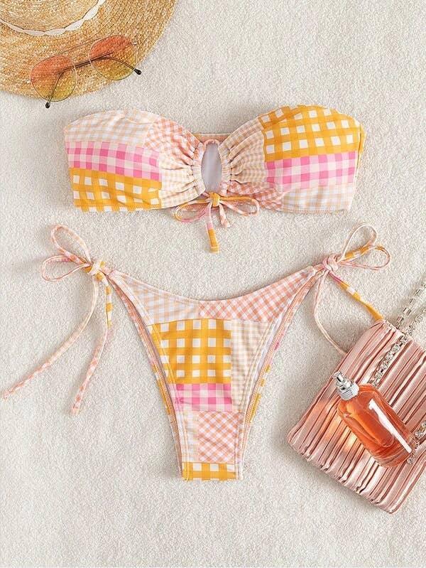 2 Piece Lattice Print String Tie Swimsuit Bikini Set 05 - SWEETKAMA