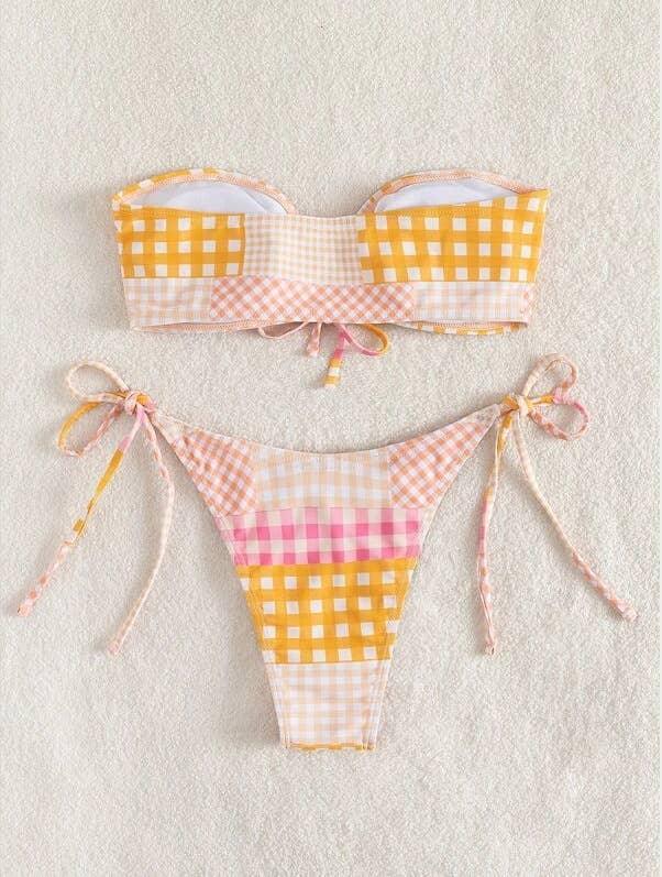 2 Piece Lattice Print String Tie Swimsuit Bikini Set 05 - SWEETKAMA