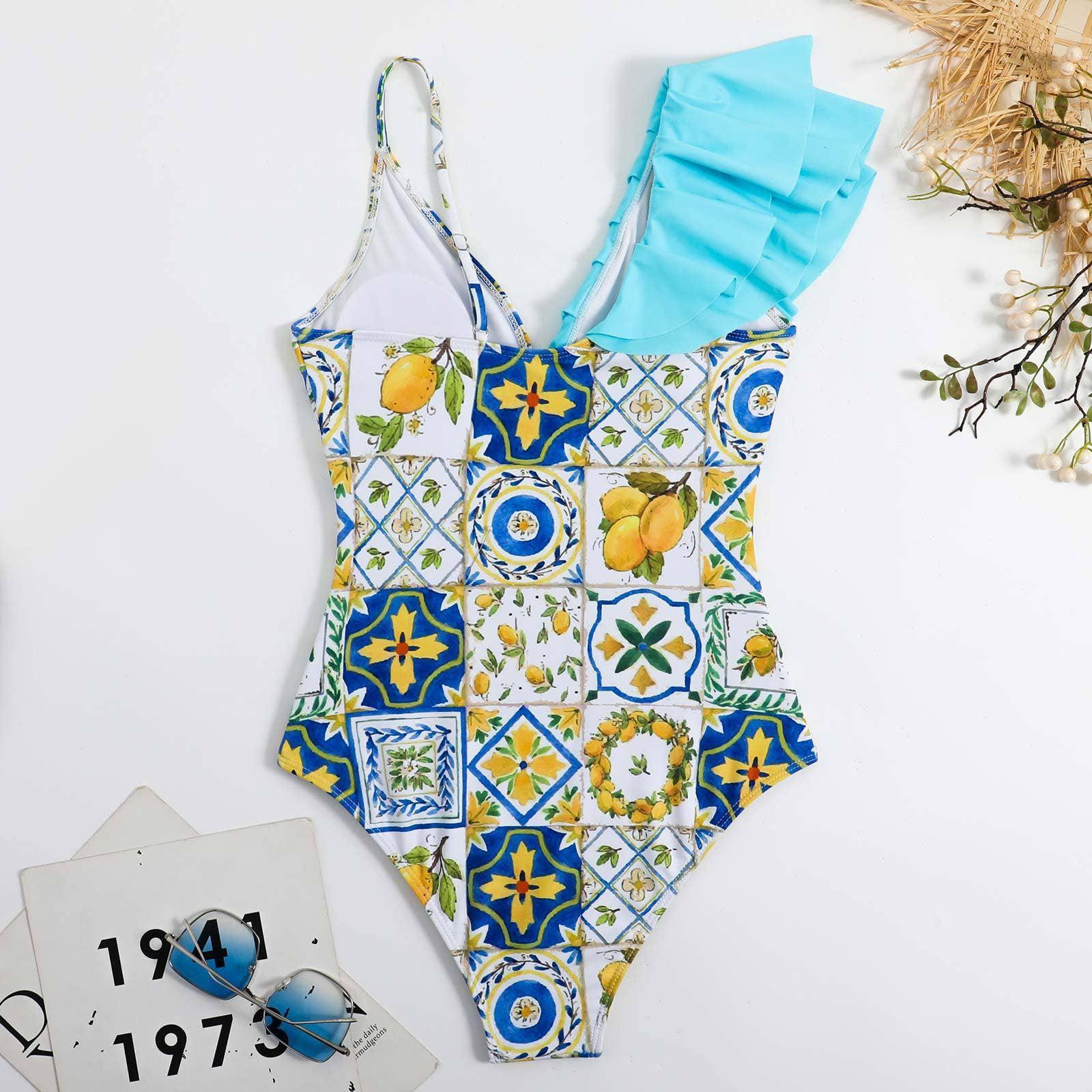 2 Piece Mix Pattern Print One Piece Swimwear with Cover Up Y16 - SWEETKAMA