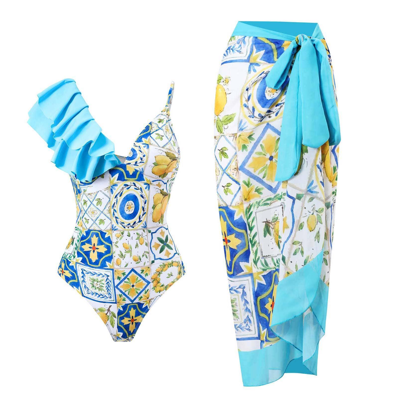 2 Piece Mix Pattern Print One Piece Swimwear with Cover Up Y16 - SWEETKAMA