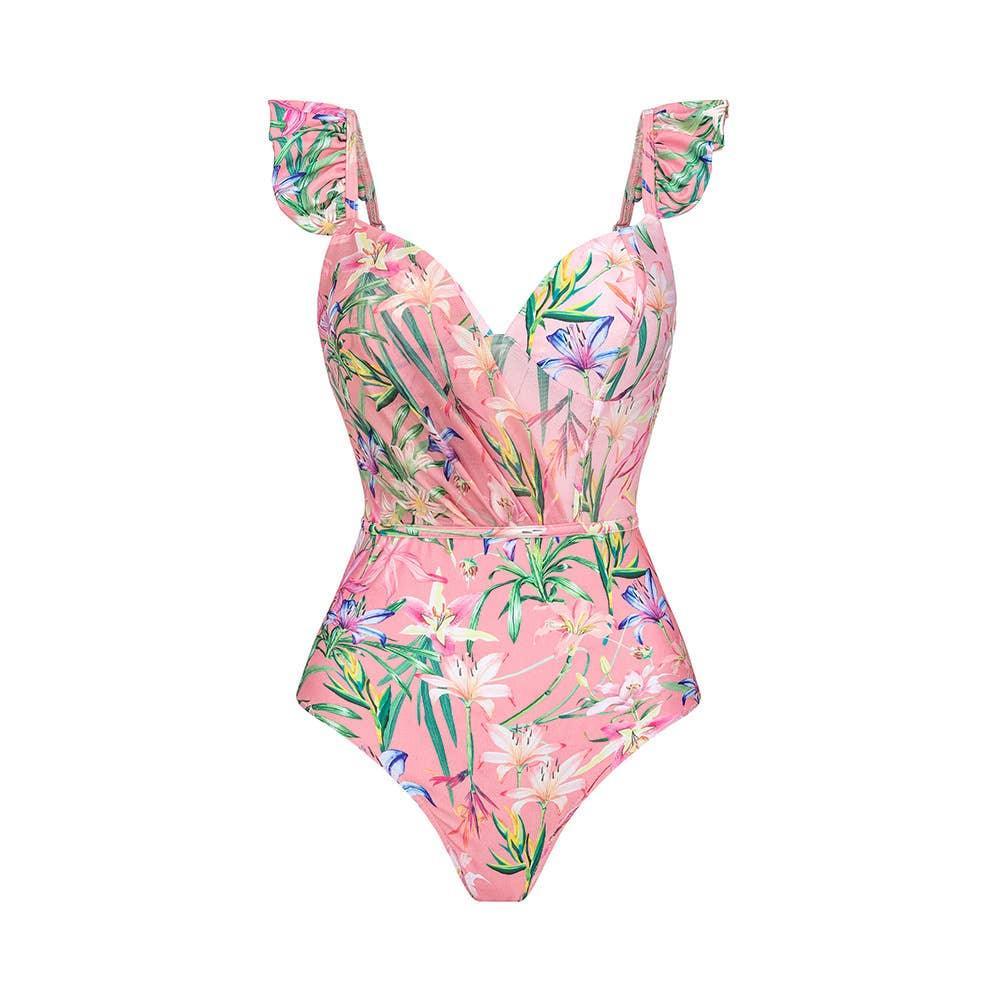 2 Shoulder Flower Print One Piece Bikini Swimsuit 2560 - SWEETKAMA