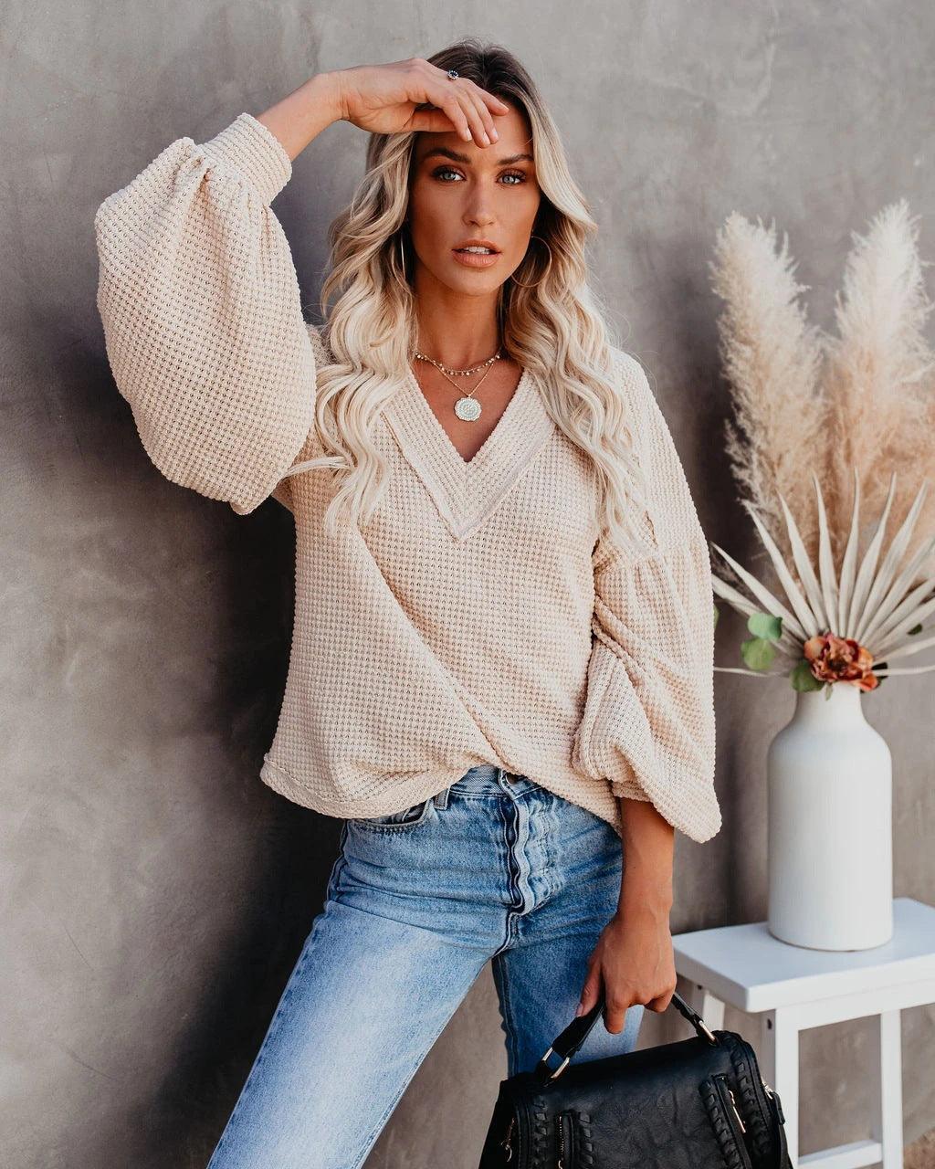 Ladies Solid Color V Neck Puff Sleeves Sweater 0005