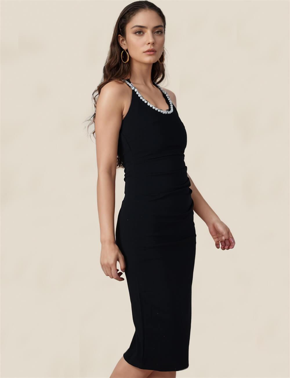 Ladies Halter Neck Sleeveless Pearl Midi Dress SKD0766