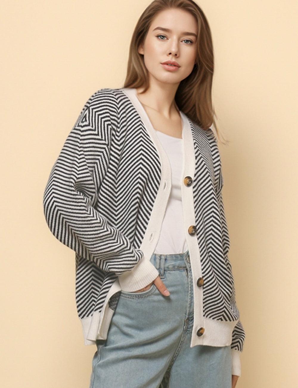 Ladies V-Neck Striped Cardigan Sweater Coat SKT4772