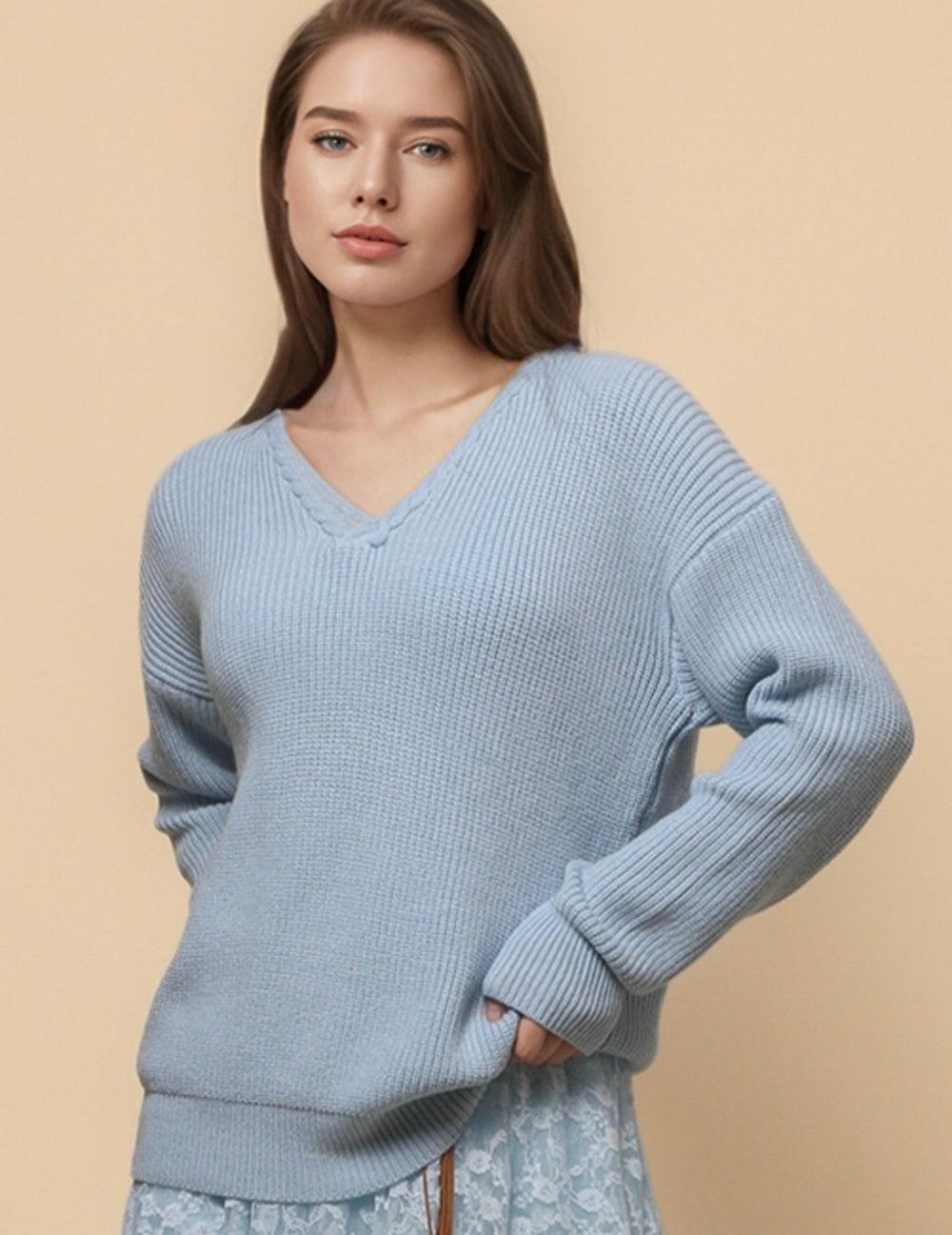 Ladies Solid Color V-Neck Pullover Sweater SKT4778