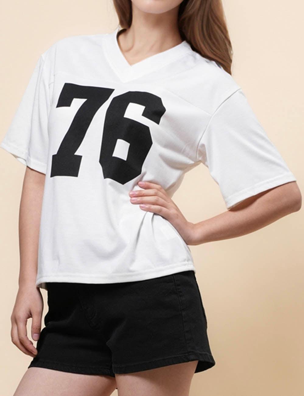 Ladies Number Print V-Neck Tee Short Sleeves T-Shirt SKT4988