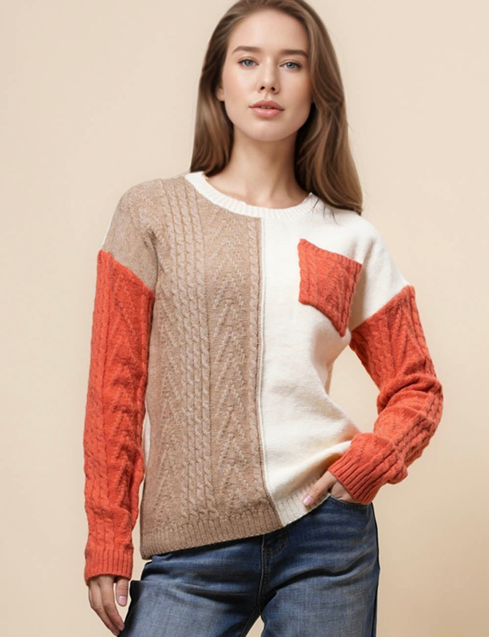 Ladies Cable Knit Color Block Pullover Sweater SKT41011