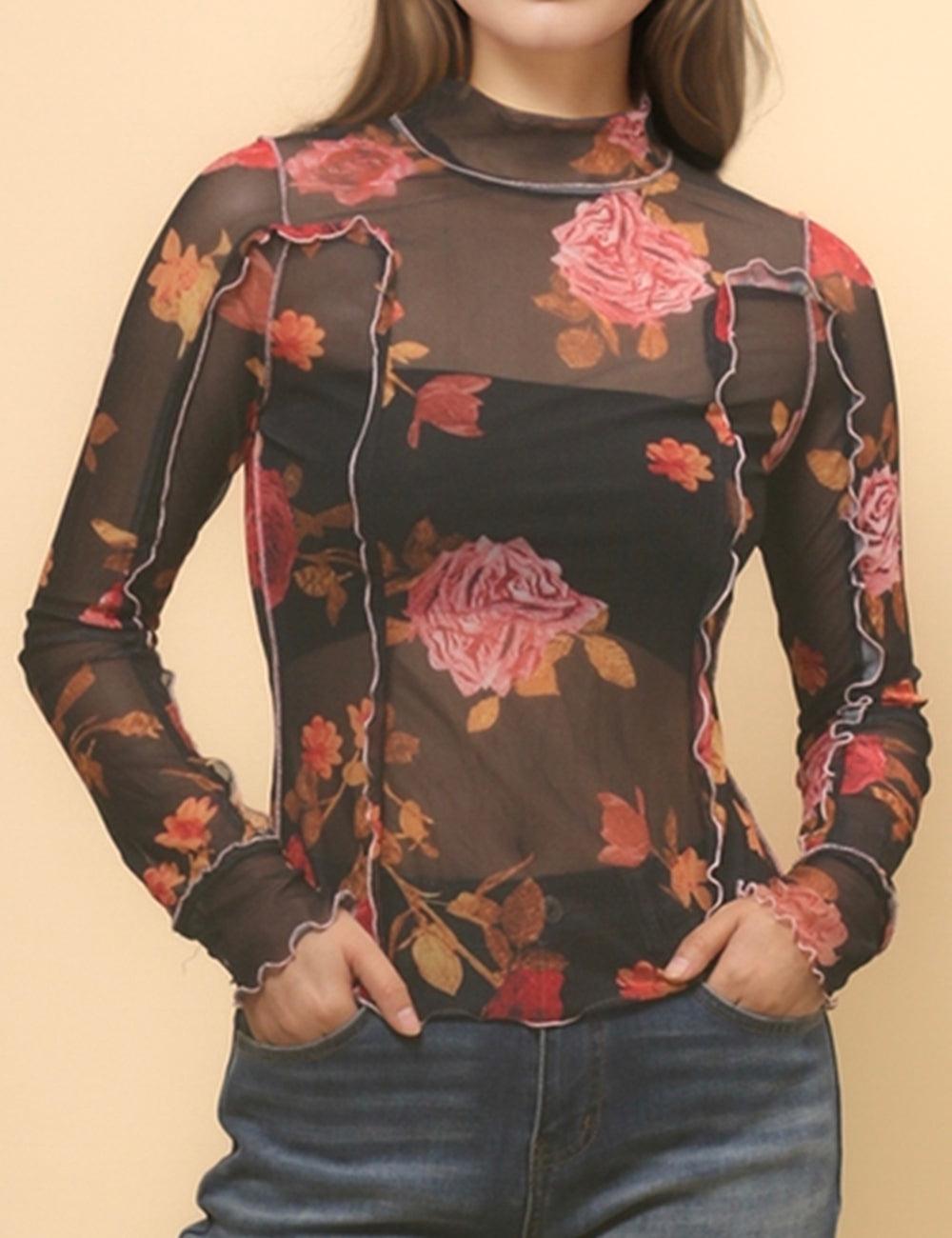 Ladies Floral See Sheer Mesh Layring Top Pullover Blouse SKT4799