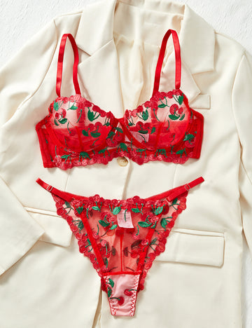 Ladies Cherry Embroidery 2PCS Lingerie Set SKLG4136