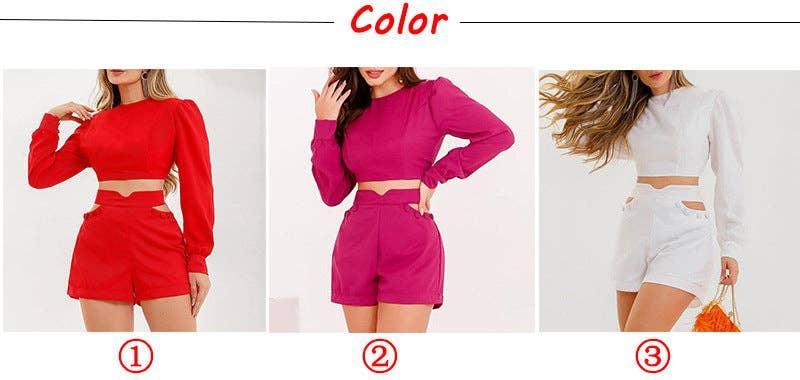 2PCS Round Neck Top Hollow Out Shorts Ladies Set HK3080 - SWEETKAMA