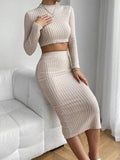 2PCS Set Solid Top and Hip Wrap Back Split Skirt G1081 - SWEETKAMA