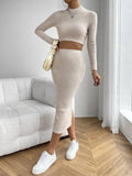 2PCS Set Solid Top and Hip Wrap Back Split Skirt G1081 - SWEETKAMA