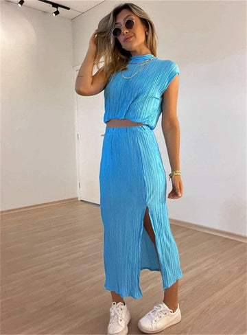 2PCS Solid Sleeveless Top and Skirt Ladies Set HK3065 - SWEETKAMA