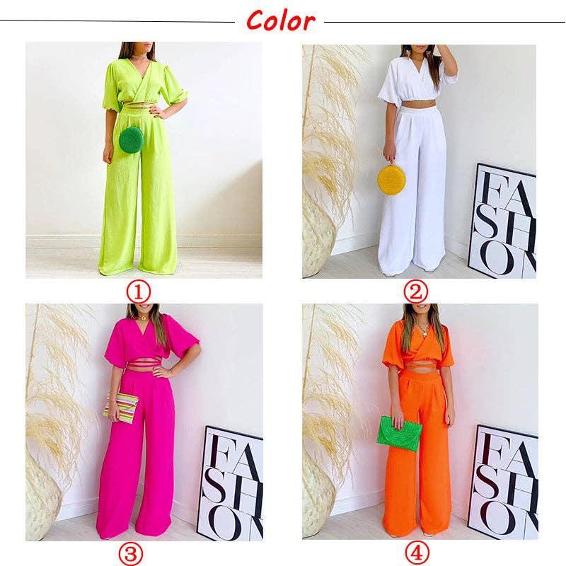 2PCS V-Neck String Tie Top Loose Pants Ladies Set HK3089 - SWEETKAMA