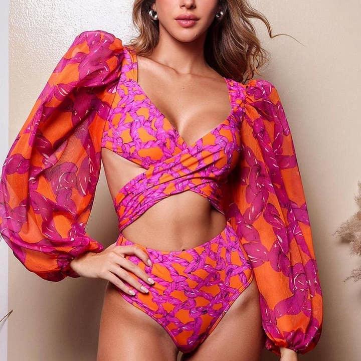 3-Piece Floral Print Bikini Swimsuits with Cover Up 2303 - SWEETKAMA