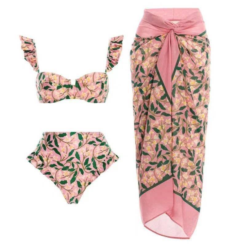 3-Piece Floral Print Bikini Swimsuits with Cover Up QJYY61 - SWEETKAMA