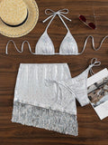 3-Piece Silver Color Bikini Swimsuits with Cover Up A150 - SWEETKAMA