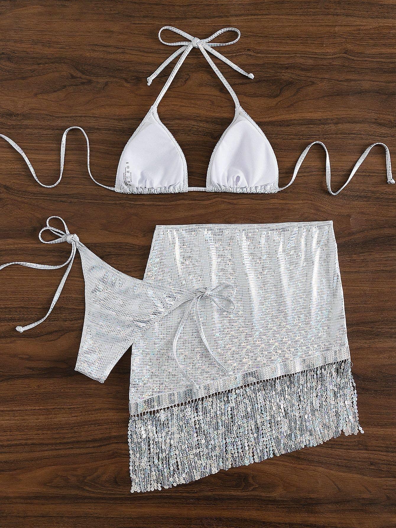 3-Piece Silver Color Bikini Swimsuits with Cover Up A150 - SWEETKAMA