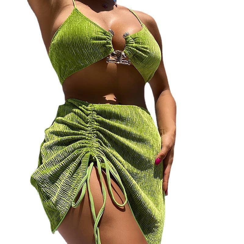 3 Piece Solid Color Bikini Set Swimsuit with Wrap 23020 - SWEETKAMA