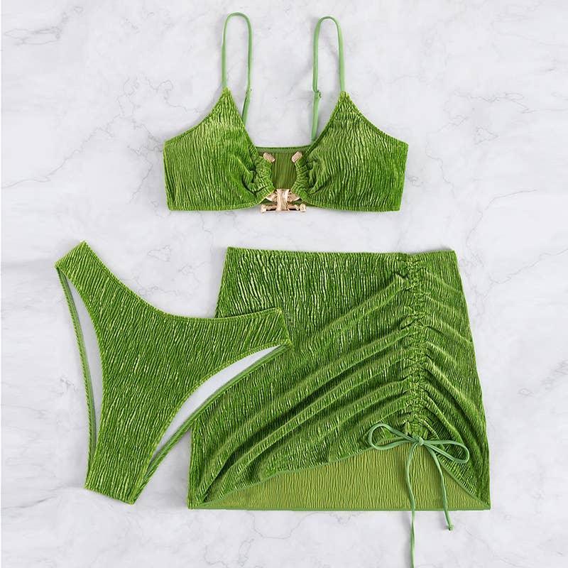 3 Piece Solid Color Bikini Set Swimsuit with Wrap 23020 - SWEETKAMA