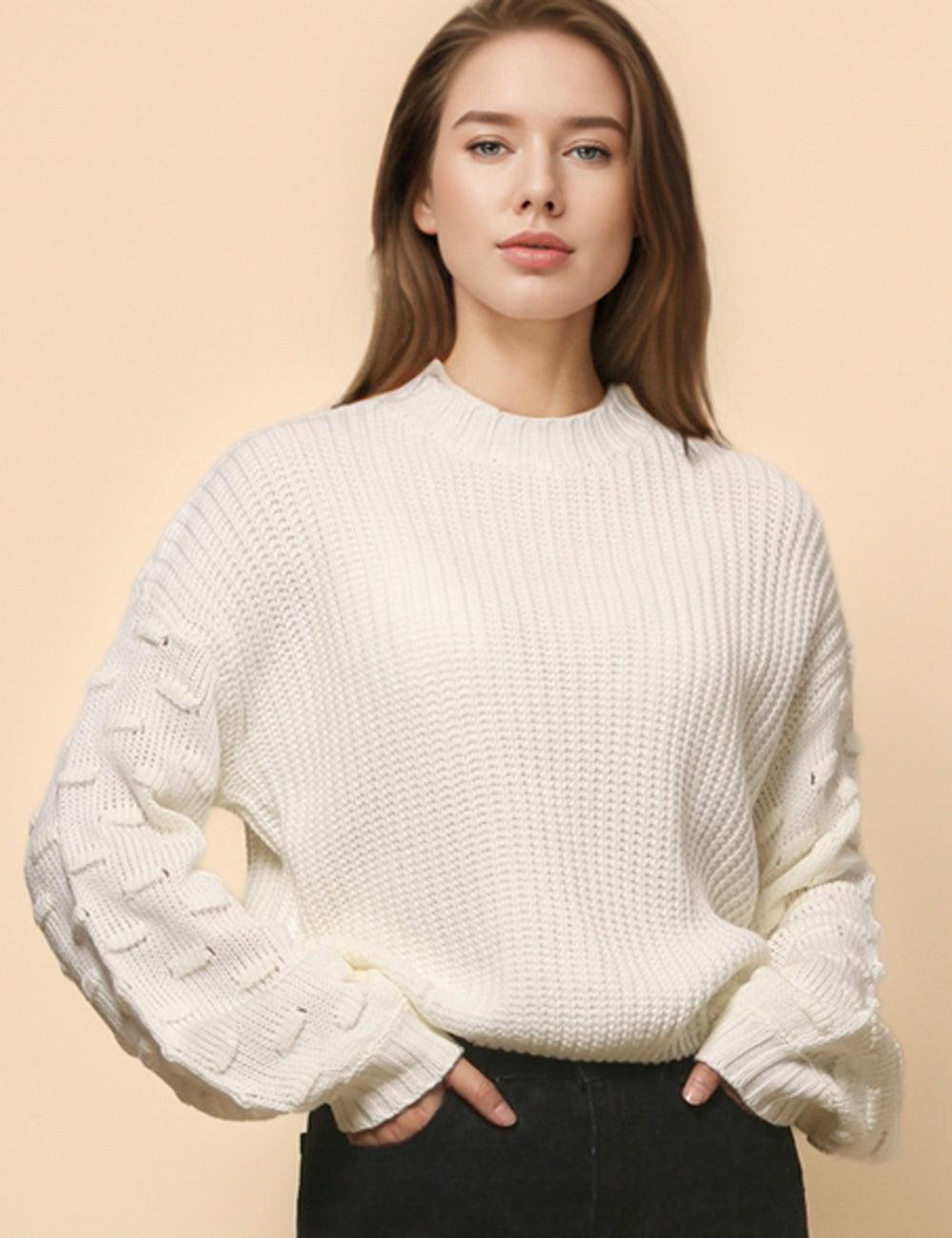 Ladies Solid Color Lantern Sleeves Pullover Sweater SKT4776