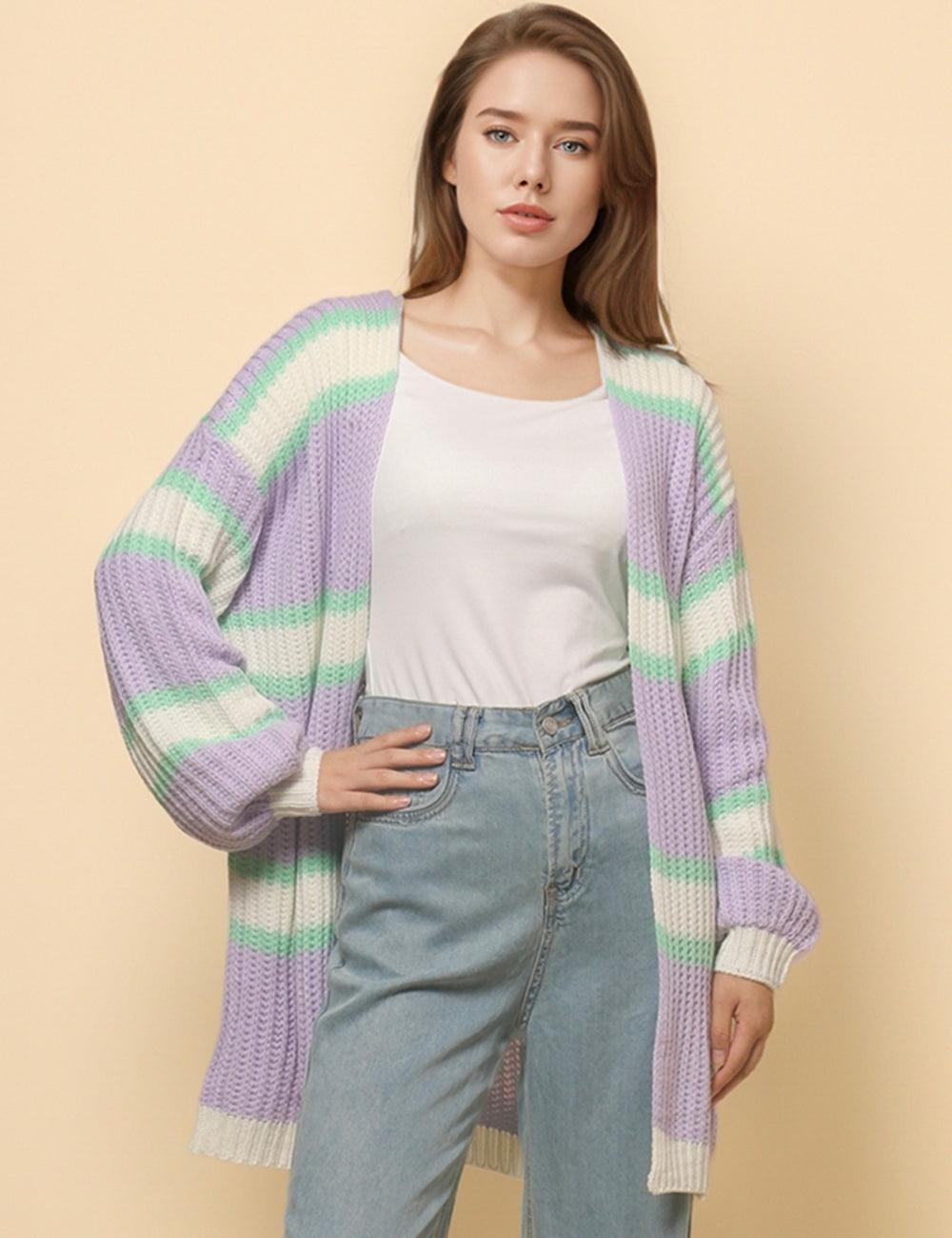 Ladies Macarons Color Stripe Open Front Cardigan SKT4774