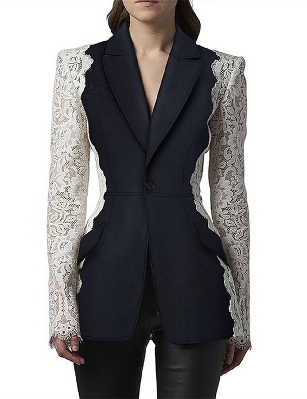 Ladies Lace Patchwork Lapel Neck Blazer Coat L101