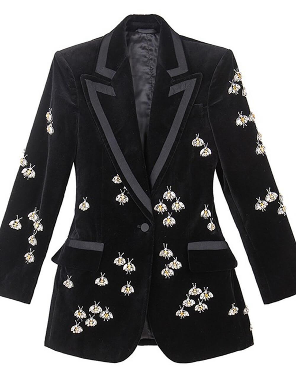 Ladies Black Rhinestone Butterfly Velvet Blazer OMYZ2