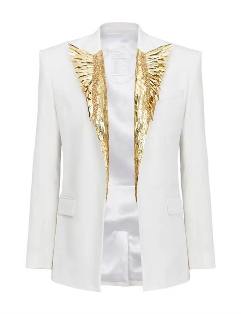 Ladies Metallic Feather Beaded Lapel Blazer L104