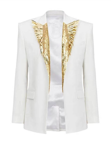 Ladies Metallic Feather Beaded Lapel Blazer L104