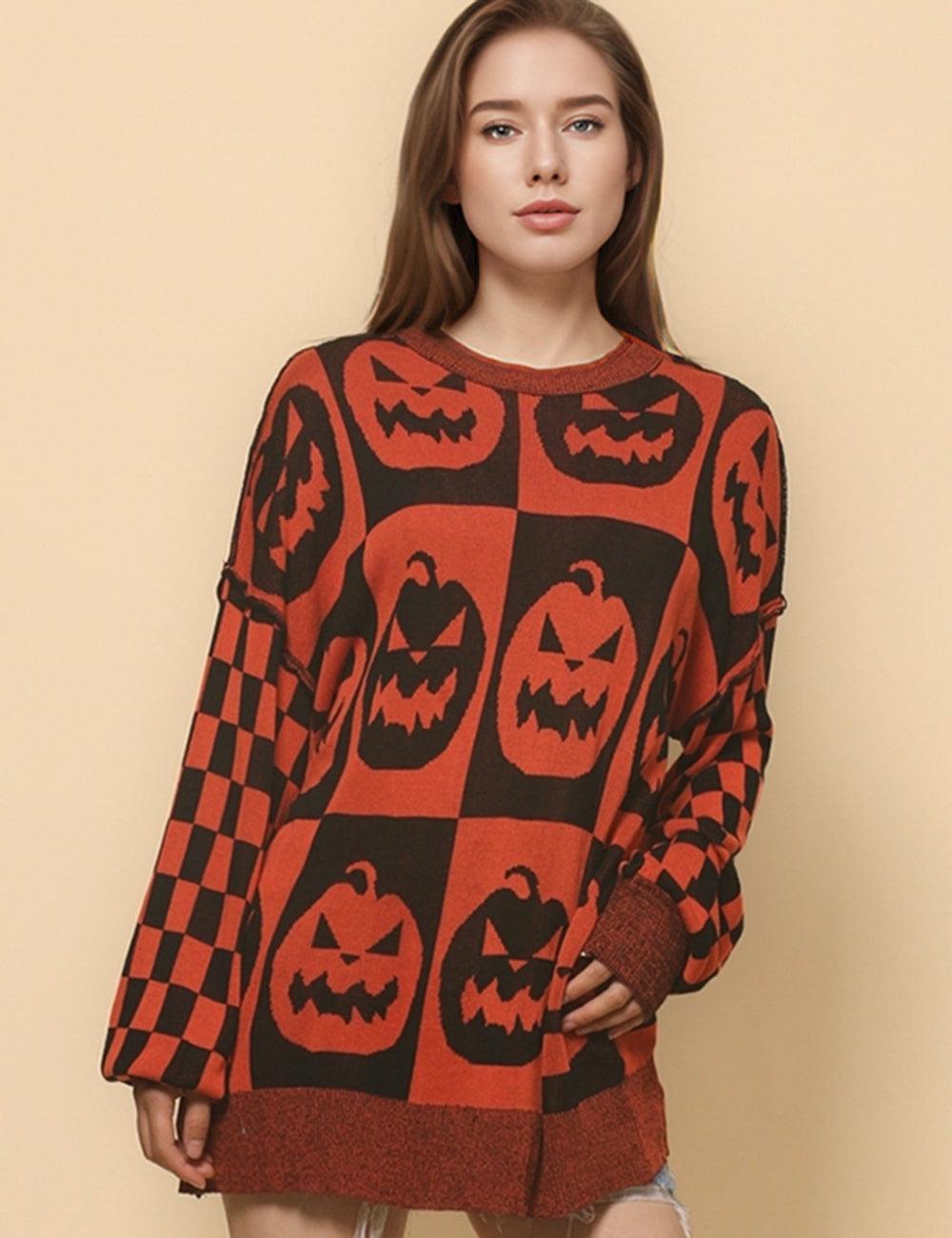 Ladies Halloween Color Block Ghost Pullover Sweater SKT4779